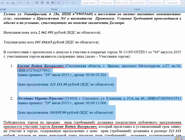 Итоги торгов на аукционе - победил Вадим Куклин Итоги торгов на аукционе - победил Вадим Куклин